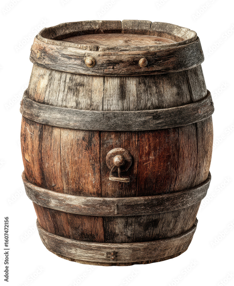Fototapeta premium Rustic wooden barrel for storage home vintage style environment side view isolated on transparent background