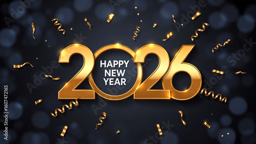 Happy New Year 2026 Gold Text with Confetti | Elegant Holiday Banner for Celebrations