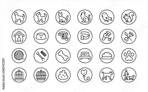 Collection of black and white pet care icons in circles animal bird