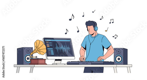 A man with headphones creating music on a keyboard in a modern studio setup with speakers and a vintage gramophone playing