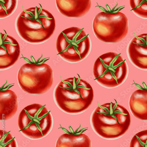 Seamless watercolor pattern with fresh red tomatoes on a white background. Watercolor tomatoes. This hand-drawn botanical pattern is perfect for fabric, packaging and kitchen decor.