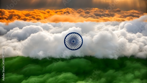 Stunning Indian flag made of clouds with blue chakra symbol aerial view
