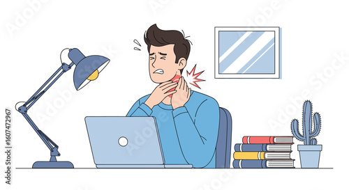 Man experiencing discomfort sore throat pain while working at desk with laptop and lamp