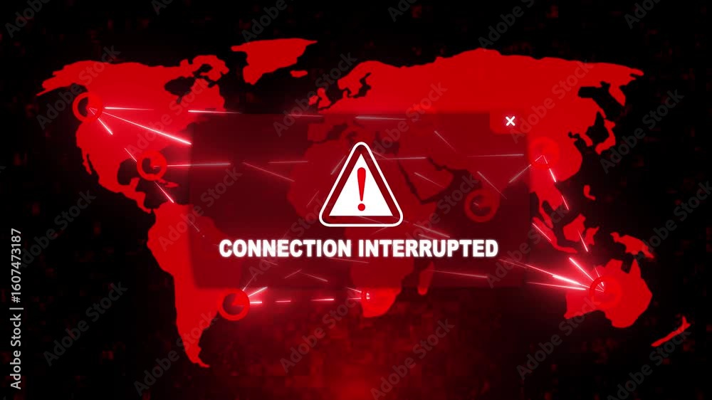 Connection Interrupted Alert Warning Message Attack on Screen. Wire Frame World map Radar Network Glitch Distortion. Login, Password and Progress Bar Futuristic UI Elements HUD. Computer Hacking Conce