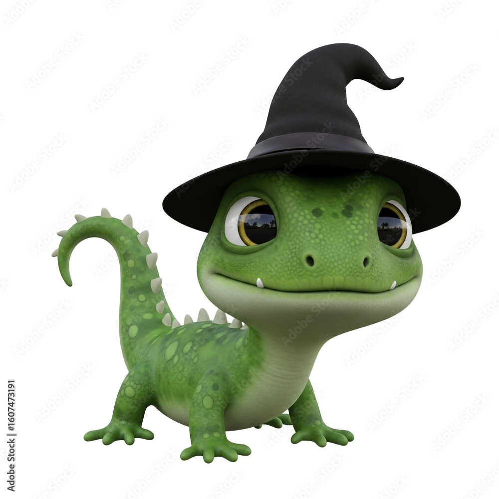 Fototapeta premium Adorable Green Lizard Wearing a Black Witch Hat Ready for Halloween Magic