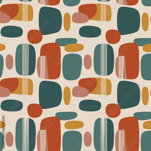 Mid-century modern seamless pattern featuring organic rounded rectangles and ovals in a retro palette. Perfect for vintage designs, textiles, and contemporary abstract backgrounds