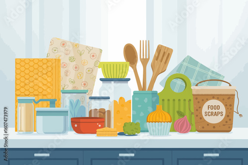 Kitchen Counter with Food Storage and Utensils jars
