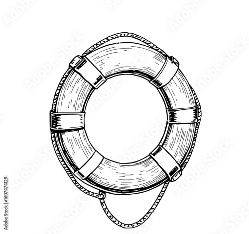 Nautical Life Ring: A detailed hand-drawn illustration of a classic life preserver with rope, showcasing its textured surface and nautical design.