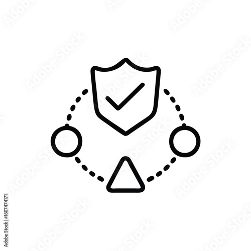 Outline shield with checkmark connected to circles warning sign tick verified