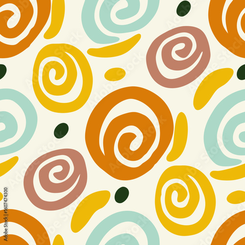 Groovy Retro Seamless Pattern With Hand Drawn Swirls In Warm Orange And Yellow