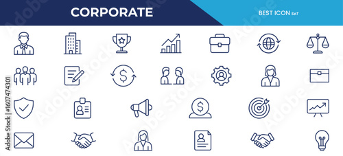 Corporate Line Icons – Business Teamwork, Office Management, Leadership, Finance, HR, and Strategy Symbols