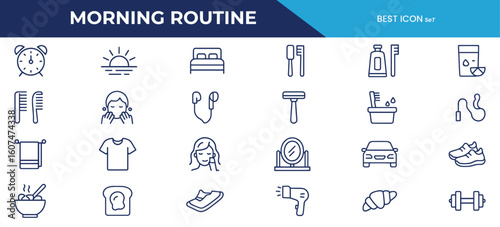 Morning Routine Line Icons – Minimalist Symbols for Daily Habits, Personal Care, Fitness