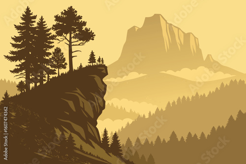 expansive dramatic cliff, lush pine trees, rugged mountain range in background, warm sunset lighting, scenic vista, beautiful natural landscape, detailed rolling hills, atmospheric hazy environment