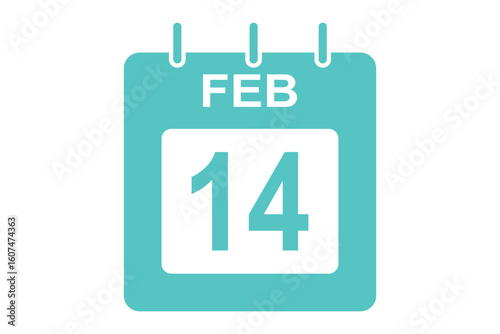 Calendar 14th of February flat icon. February 14 calendar icon. Vector illustration in flat style. Valentines day on 14th February. Valentines day calendar on 14th February eps 10