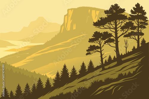 expansive dramatic cliff, lush pine trees, rugged mountain range in background, warm sunset lighting, scenic vista, beautiful natural landscape, detailed rolling hills, atmospheric hazy environment