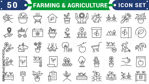Farming and agriculture outline symbol collection. 100 editable stroke icons. Vector illustrator