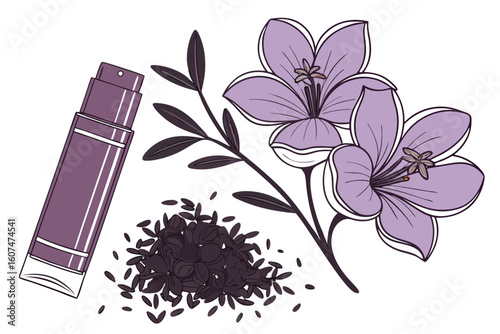  beautiful purple flowers, close-up of cosmetic products, dark-colored tea leaves, nature, arrangement, white background