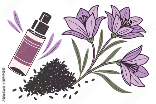  beautiful purple flowers, close-up of cosmetic products, dark-colored tea leaves, nature, arrangement, white background