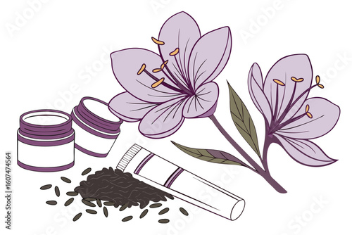  beautiful purple flowers, close-up of cosmetic products, dark-colored tea leaves, nature, arrangement, white background