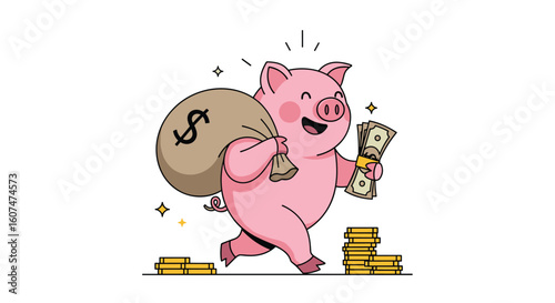 Happy pink pig carrying a money bag and stack of cash with coins and sparkles