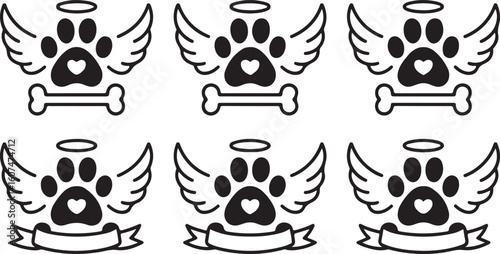 Angel Paw Print Vector Illustration Set with Halo and Wings Motif