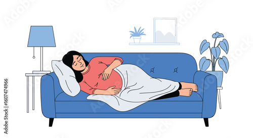 A woman lies comfortably resting on a blue sofa enjoying a quiet afternoon break indoors