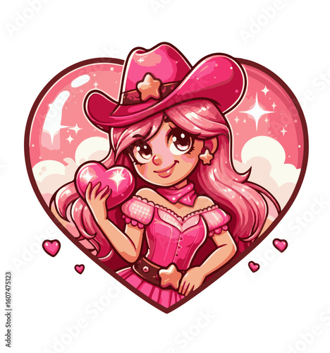 Pink cowgirl with hearts, cartoon vector. AI