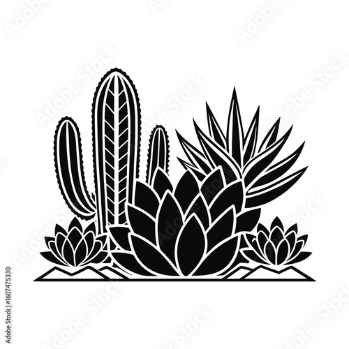 Silhouette Vector Illustration of Assorted Succulent and Desert Plants in Garden Row Featuring Aloe, Echeveria, and Leafy Botanical Elements