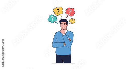 Confused man thinking about many questions pondering difficult decisions and seeking answers seeking clarity of thought