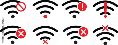 Wifi and wireless problem icon, Wireless icons design, no wifi icons symbol, wifi internet no access error, wireless technology icons illustration,
