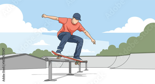 Young skateboarder executes a rail grind trick in a sunny outdoor skatepark
