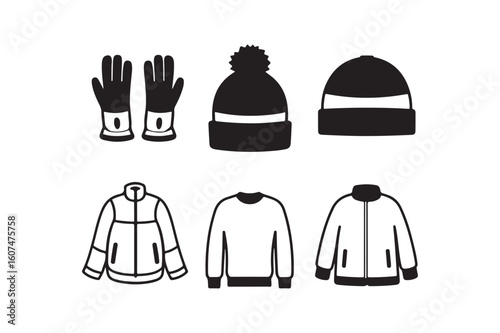 Winter clothing icons set featuring hats gloves and jackets