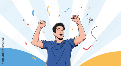 Excited young man celebrates success with arms raised amidst falling confetti and bright sunburst rays