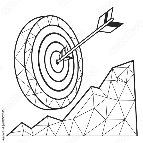 Polygonal isolated target with arrow on white background. Modern low poly monochrome style. Technology and innovation vector illustration with 3D effect. Growth strategy or financial goal .