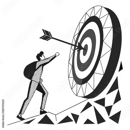 Polygonal isolated target with arrow on white background. Modern low poly monochrome style. Technology and innovation vector illustration with 3D effect. Growth strategy or financial goal .