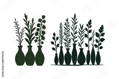 Silhouette of various plants in vases on a white background