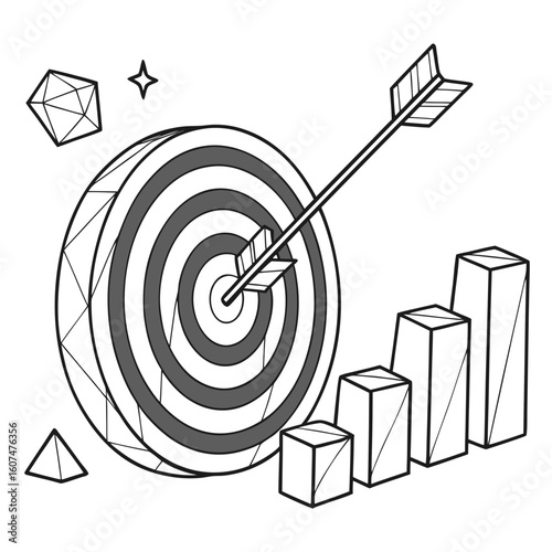 Polygonal isolated target with arrow on white background. Modern low poly monochrome style. Technology and innovation vector illustration with 3D effect. Growth strategy or financial goal .