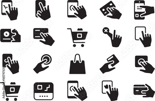 Modern e commerce icon set featuring a silhouette of a shopping cart and other business elements