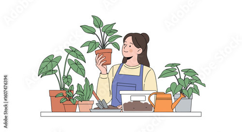 A young woman gently tends to her indoor plants a hobby she loves with care and attention to detail