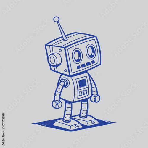 Cute cartoon robot character with antenna and simple design