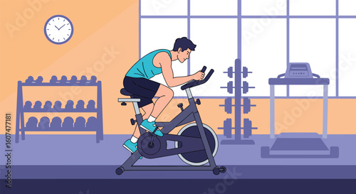 Man cycling intensely on indoor exercise bike in a brightly lit gym with equipment in background