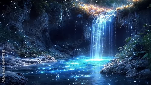 Waterfall in a mystical cave with glowing water