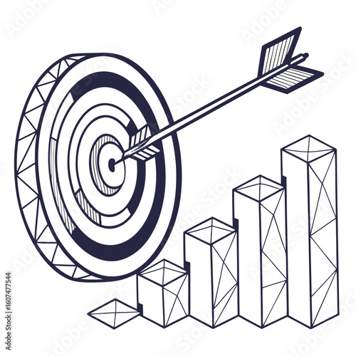 Polygonal isolated target with arrow on white background. Modern low poly monochrome style. Technology and innovation vector illustration with 3D effect. Growth strategy or financial goal .