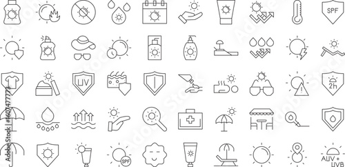 Sun & Protection icon set. Contains icons sunscreen, ultraviolet, sunglasses, SPF protection, umbrella, sunburn, sun hat and more. editable stroke. vector illustration