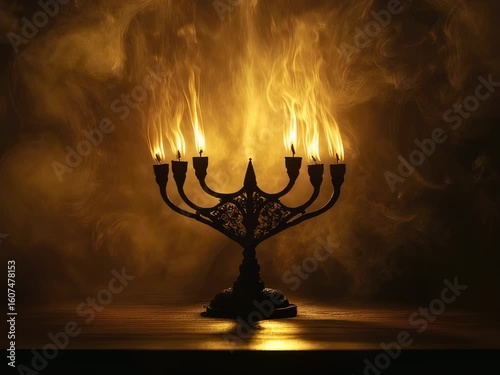 Cinematic seven-branched candelabrum flames flickering against a textured backdrop video