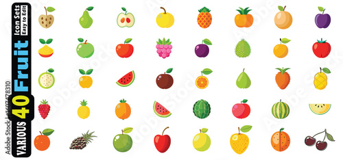 Assorted colorful fruit icons including apples pears pineapple watermelon cherries cherry