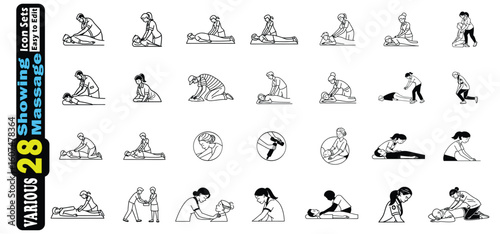Collection of 28 black and white line art icons showing massage and therapy vector
