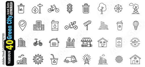 Collection of 40 green city themed line art icons urban eco friendly