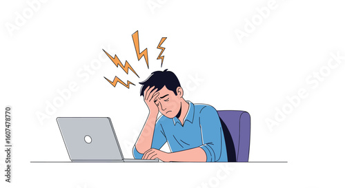 Frustrated businessman feeling overwhelmed working late at his desk with a laptop causing great stress