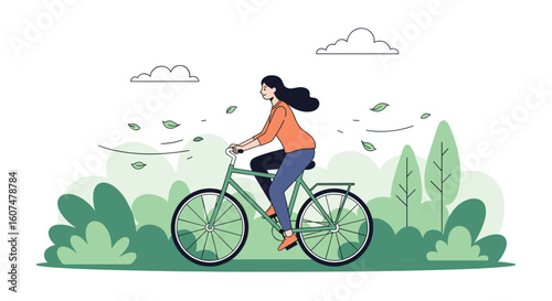Active woman cycling outdoors through lush green scenery enjoying fresh air and nature on a sunny day